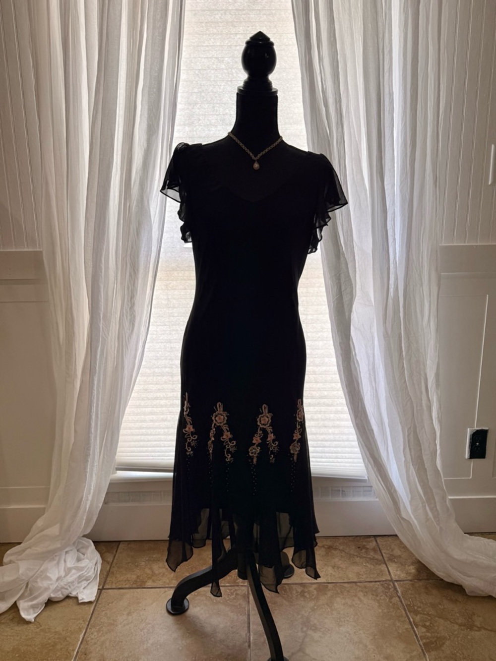 S.L. Fashions Black Midi Dress with Gold Embroidery